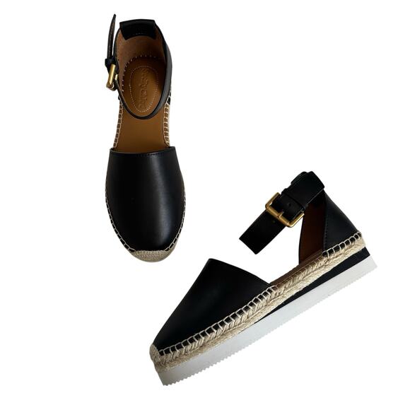 See by Chloe Glyn Black Leather Platform Ankle Strap Espadrilles Women’s Size 36 - Picture 1 of 6